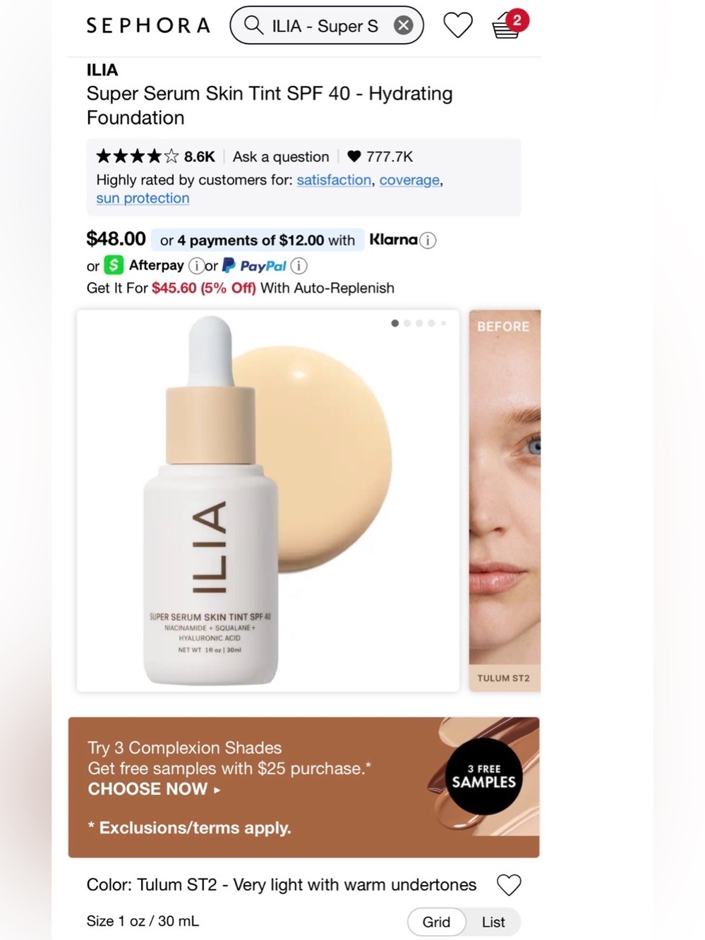ILIA Super Serum Skin Tint SPF 40 — Cream Beige Shade